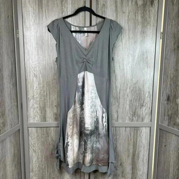 Deca Dress Sz 2 Art To Wear Gray Cap Sleeve V Neck - Picture 1 of 9